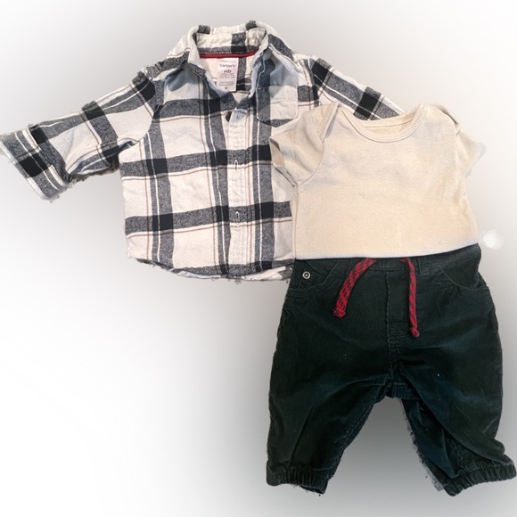 Carter’s Newborn 3 Piece Plaid Flannel Button-Up Shirt and Corduroy Pant Set - Picture 2 of 7